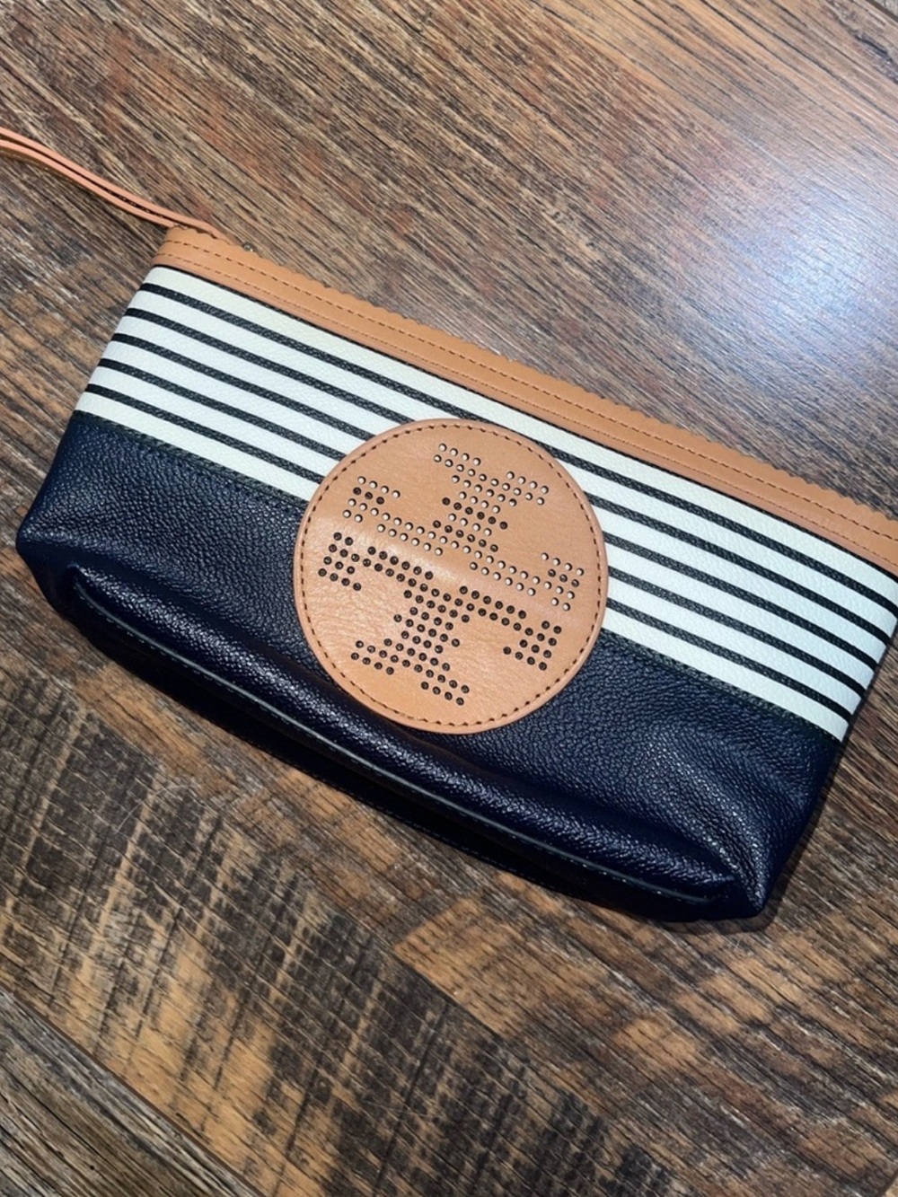 Tory Burch Navy, White & Tan Striped Wristlet. Perfect for summer! Looks new!